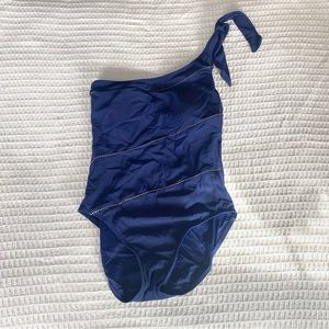 Talbots navy blue one shoulder one piece swimsuit size 10